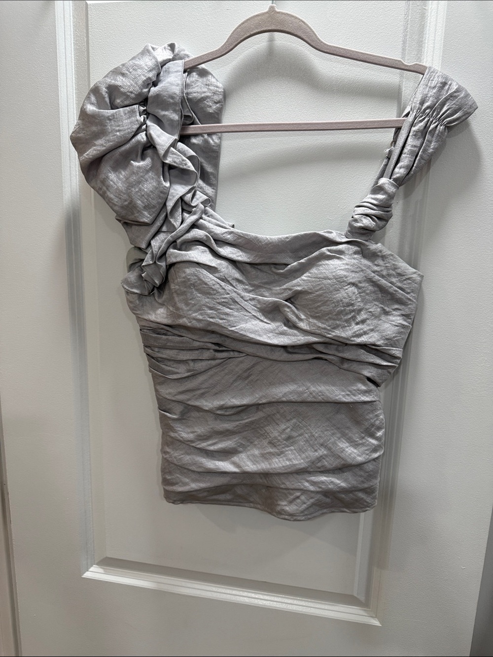 bebe Silver One-Shoulder Ruffle Camisole